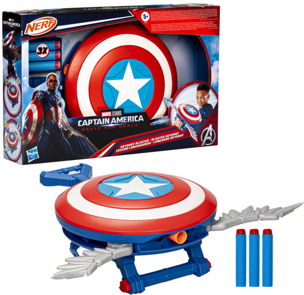 Hasbro Marvel Studios Captain America Brave New World Nerf Skyshot Blaster, jouet de jeu de rôle avec bouclier