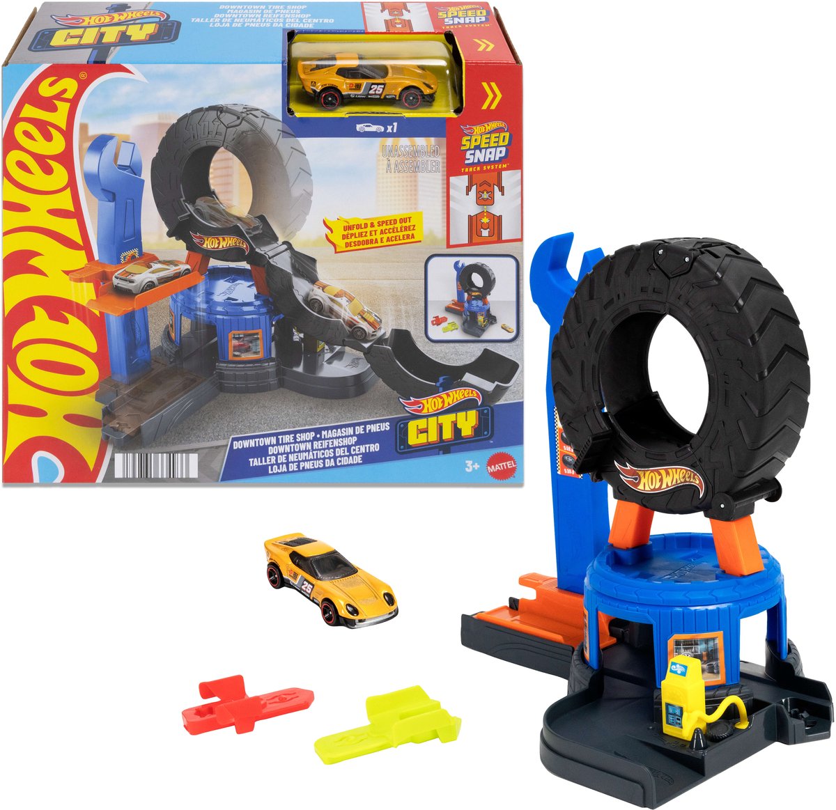 Atelier de pneus Hot Wheels City Center - ensemble de jeu et voiture jouet - adapté au système de piste à clic rapide