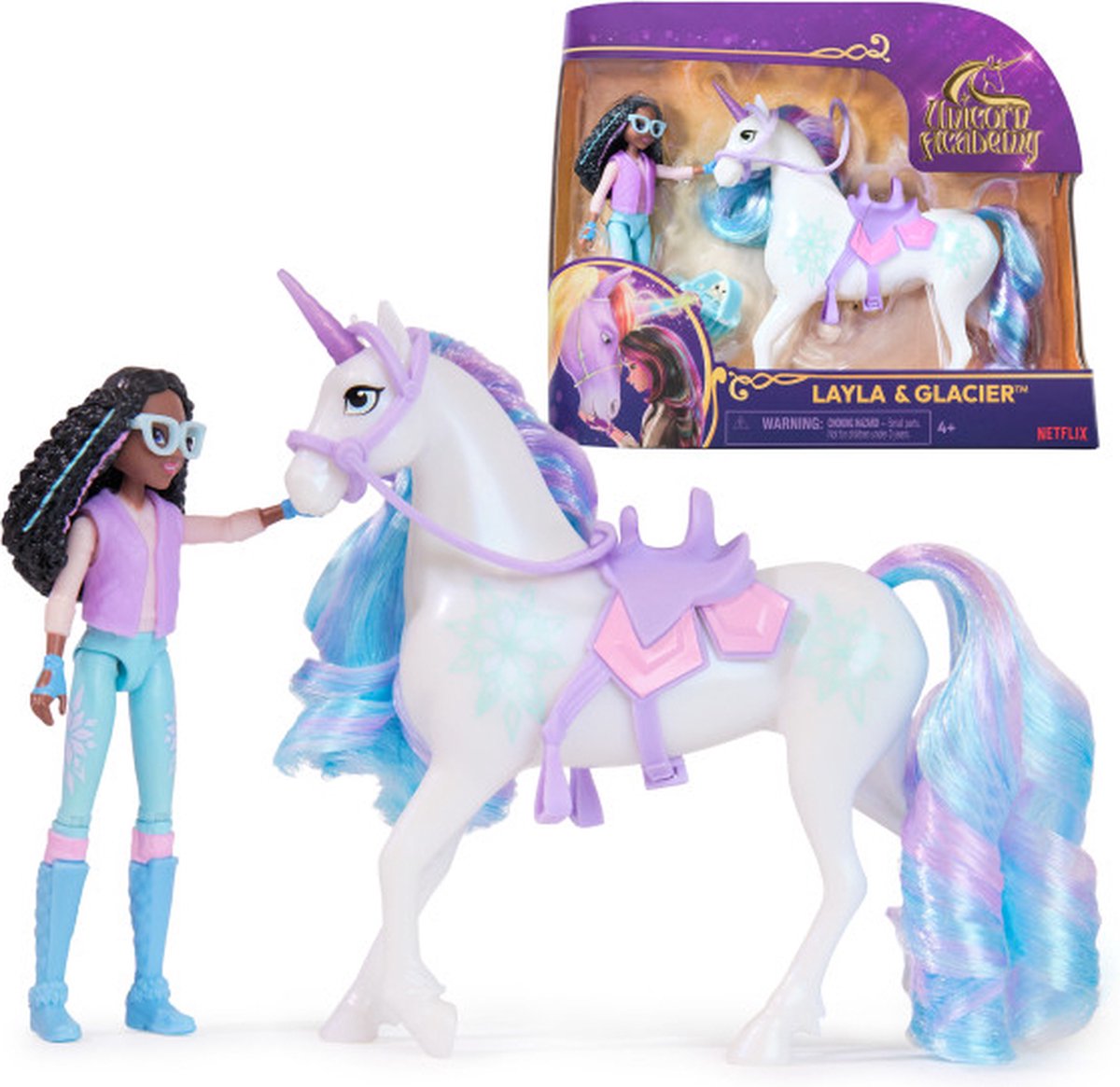 Unicorn Academy - Pop Layla Unicorn Glacier - avec 2 accessoires d'équitation et une brosse - ensemble de figurines de jeu