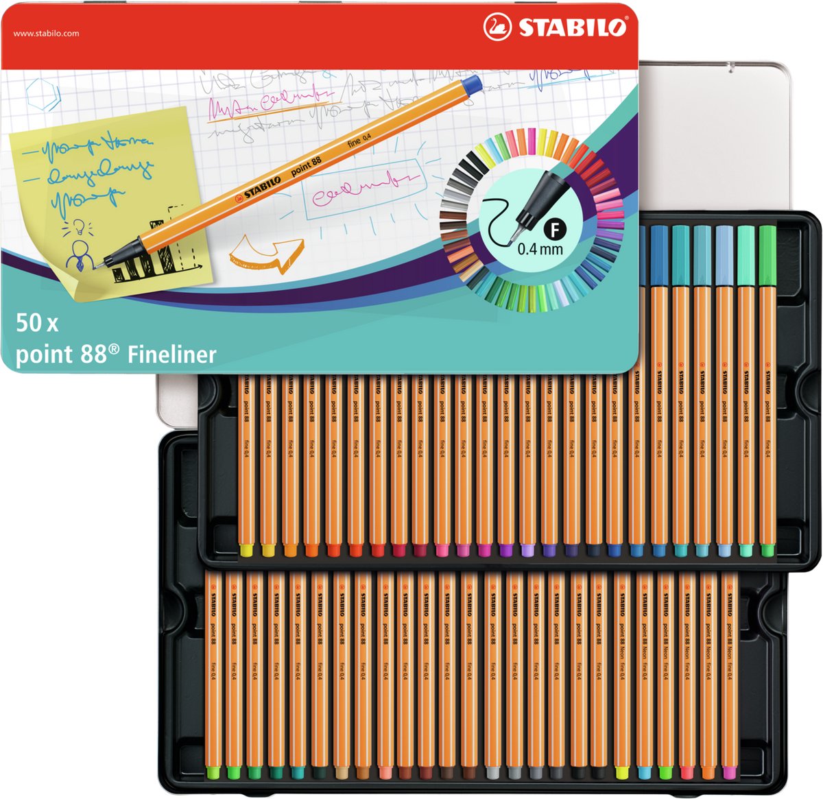 Stabilo point 88 - feutre fin 0,4 mm - boîtier en métal de 50 pièces - avec 47 couleurs différentes