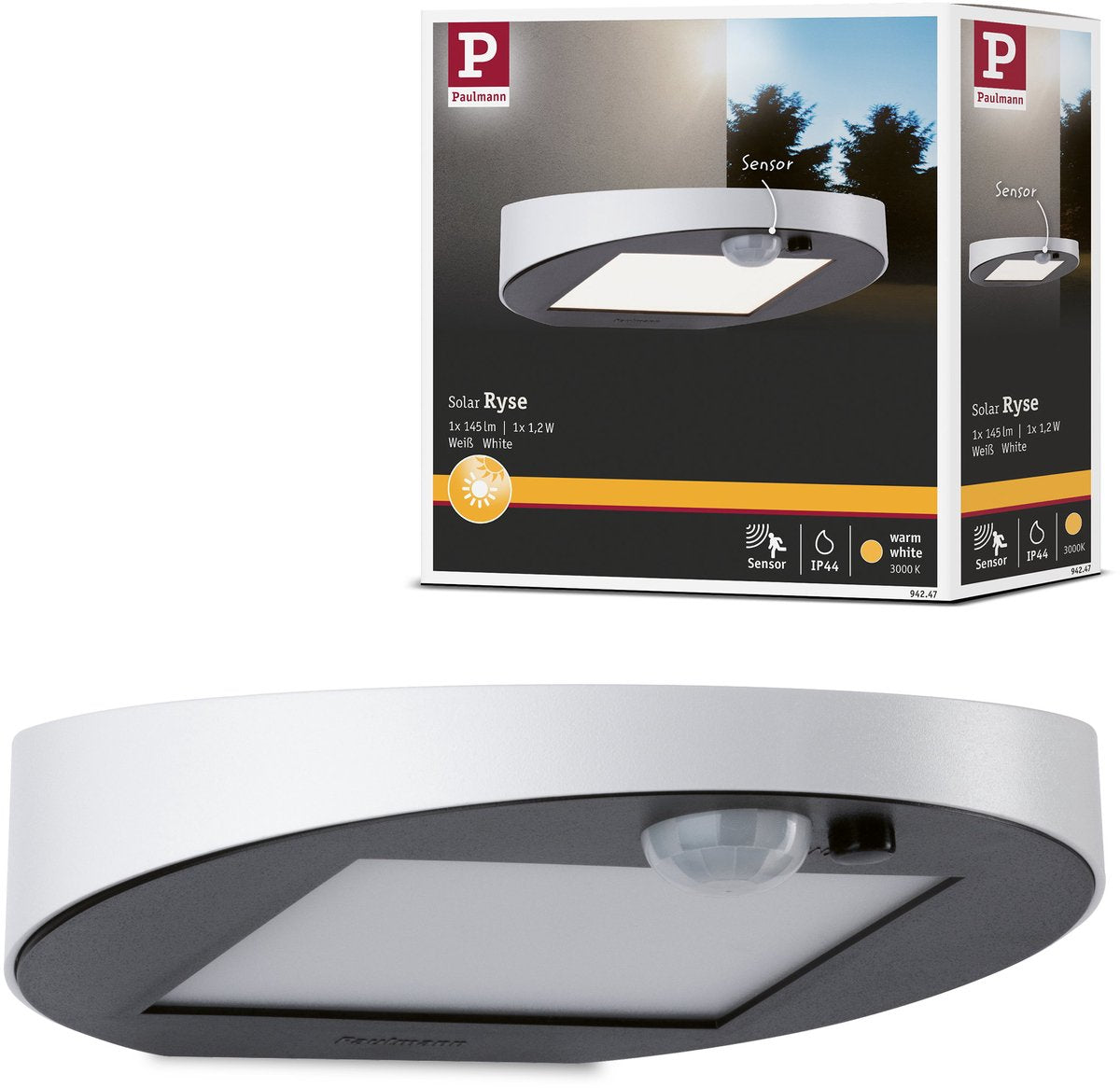 Paulmann applique solaire LED pour extérieur détecteur de mouvement ryse ip44 3000k 30lm blanc