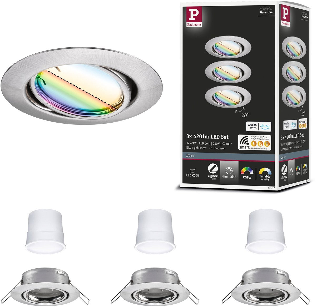 Paulmann Lampe encastrable LED Smart Home Zigbee 3.0 base coin base set orientable rond 90 mm 20° coin 3x4,9W 3x420lm 230V dimmable RGBW+ acier brossé