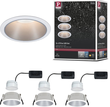 Paulmann lampe à encastrer LED 3-step-dim cole coin set de 3 ip44 rond 88 mm coin 3x6w 3x470lm 230v dimmable 2700k blanc, argent mat