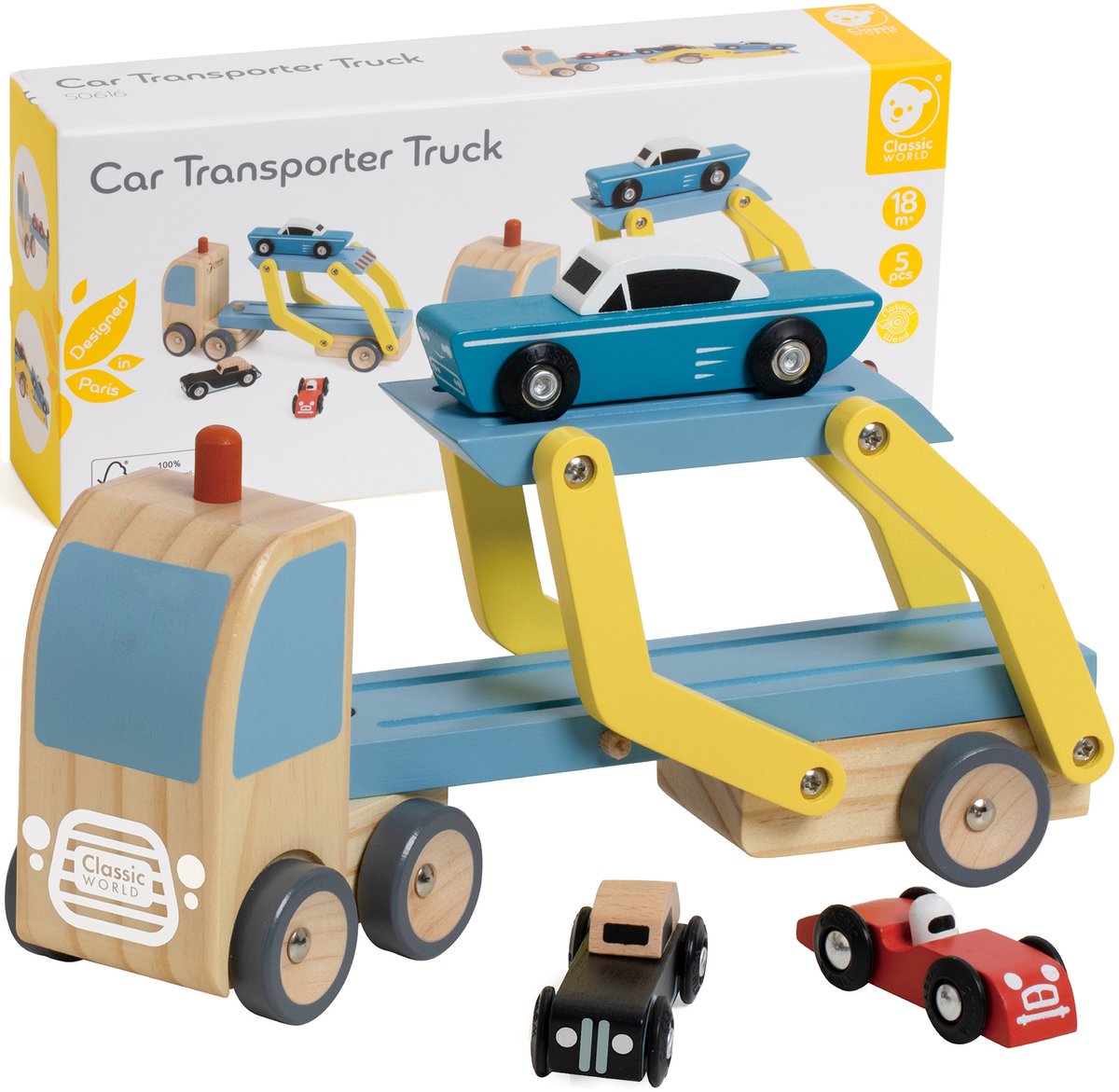 Transporteur en bois du monde classique avec 3 voitures
