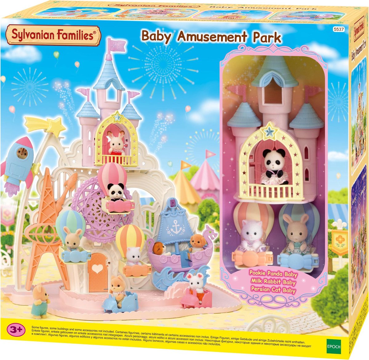 Sylvanian family 5537 parc d'attractions pour bébés - bateau à bascule - fusée - grande roue - château - 3 figurines de bébé