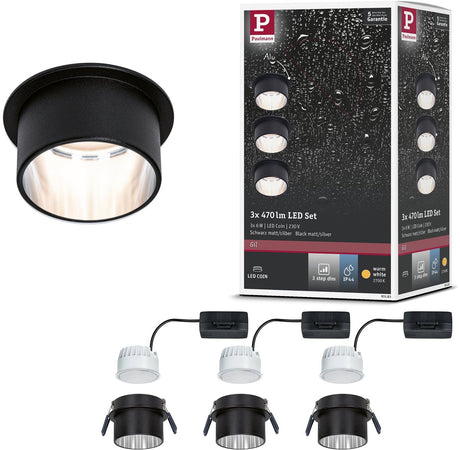 Paulmann Lampe à encastrer LED 3 niveaux Gil Coin set de base IP44 rond 68 mm coin 3x6W 3x470lm 230V dimmable 2700K noir mat, acier brossé