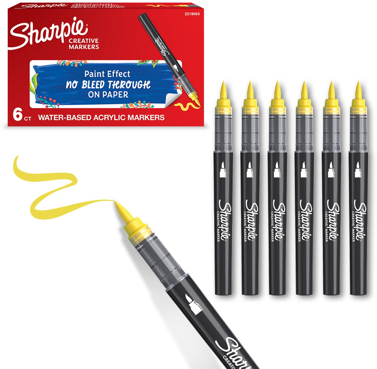 Marqueurs de peinture acrylique marqueur créatif Sharpie | pointe du pinceau | marqueurs à peinture à l'eau | l'encre ne bave pas et convient à la plupart des surfaces | jaune | 6 pièces