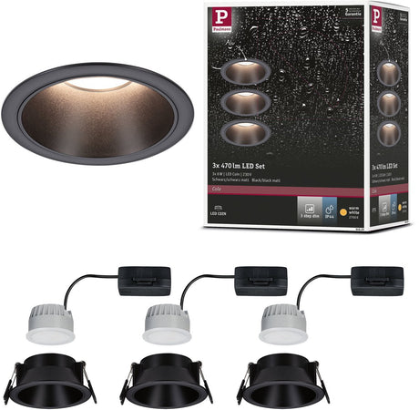 Paulmann lampe encastrable LED 3-step-dim cole coin lot de 3 ip44 rond 88mm coin 3x6w 3x470lm 230v dimmable 2700k noir