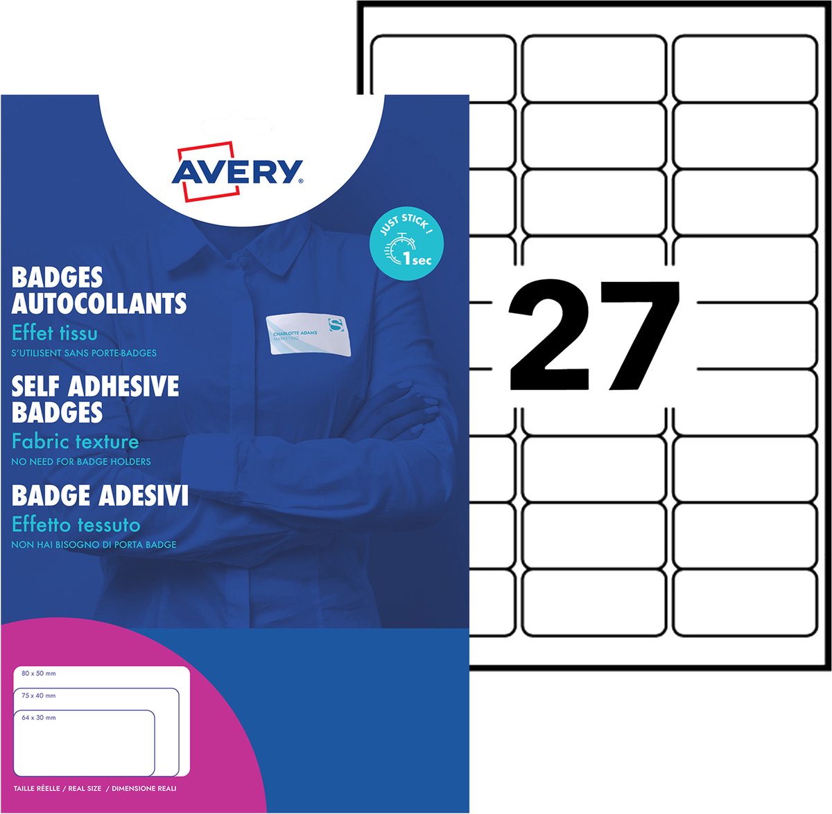 Etiquette badge Avery 63,5x29,6mm 20 feuilles 10 étiquettes par feuille blanc