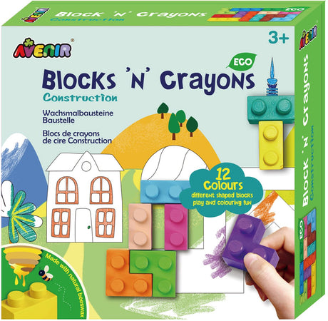 Avenir block 'n crayons - bâtiments - 12 couleurs et 3 formes de blocs - 3 pages à colorier - 3+