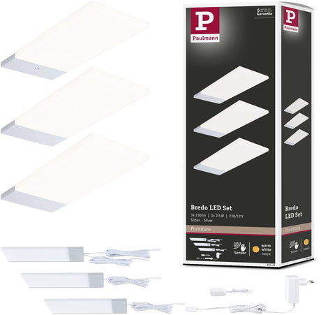 Paulmann Éclairage LED sous meuble Bredo interrupteur de proximité lot de 3 3x2,5w 80x190 mm 3x180lm 230 12v argent