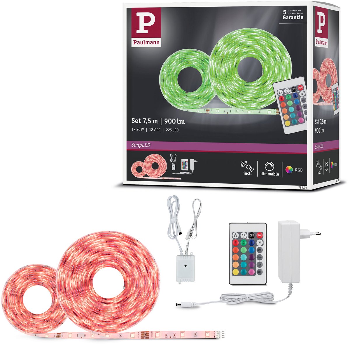 Paulmann bande led simple 7,5 mètres rgb - kit plug play - 26w - 12v - blanc - métal plastique