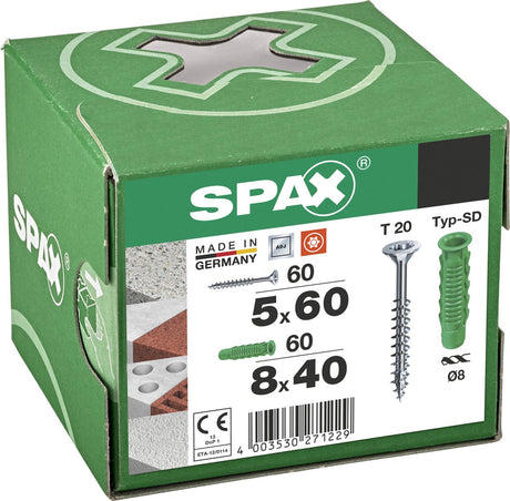 Bouchons Spax type SD 8 x 40 mm + vis universelle, 5 x 60 mm, tête fraisée, filetage partiel, t-star plus t20, wirox, 60 + 60 pièces - 5000001200025