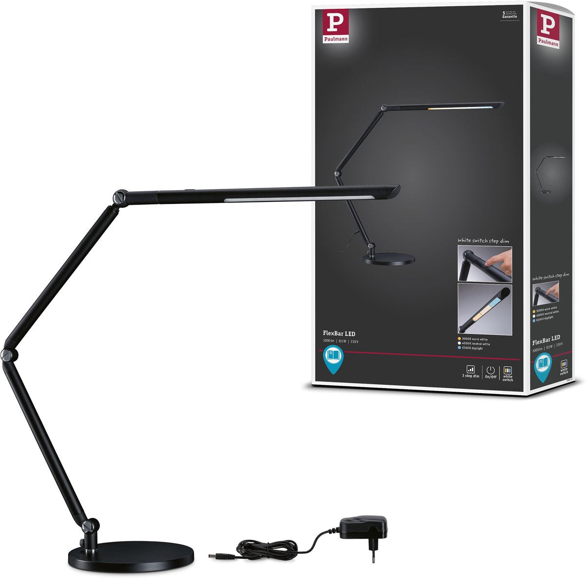 Paulmann lampe de bureau LED 3-step-dim flexbar blanc interrupteur 700lm 9,5w noir