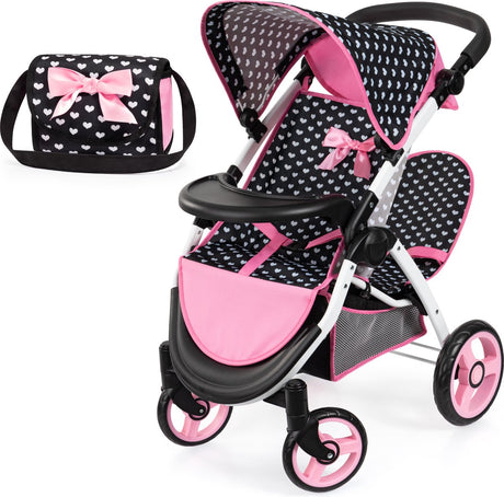 Bayer design landau pour poupée jumeau twin xeo, landau pour poupée double, barre de poussée réglable, sac en noir et blanc rose
