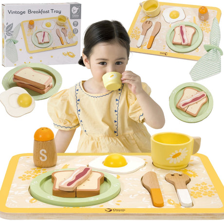 Ensemble de petit-déjeuner en bois du monde classique - plateau à jouets vintage 13 pièces.