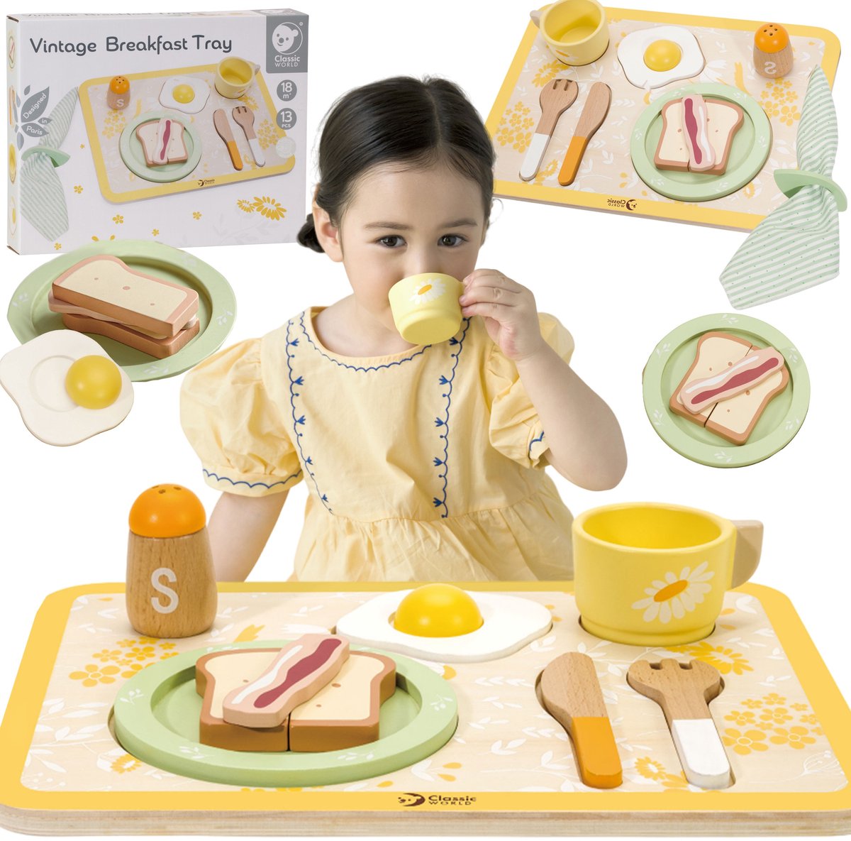 Ensemble de petit-déjeuner en bois du monde classique - plateau à jouets vintage 13 pièces.