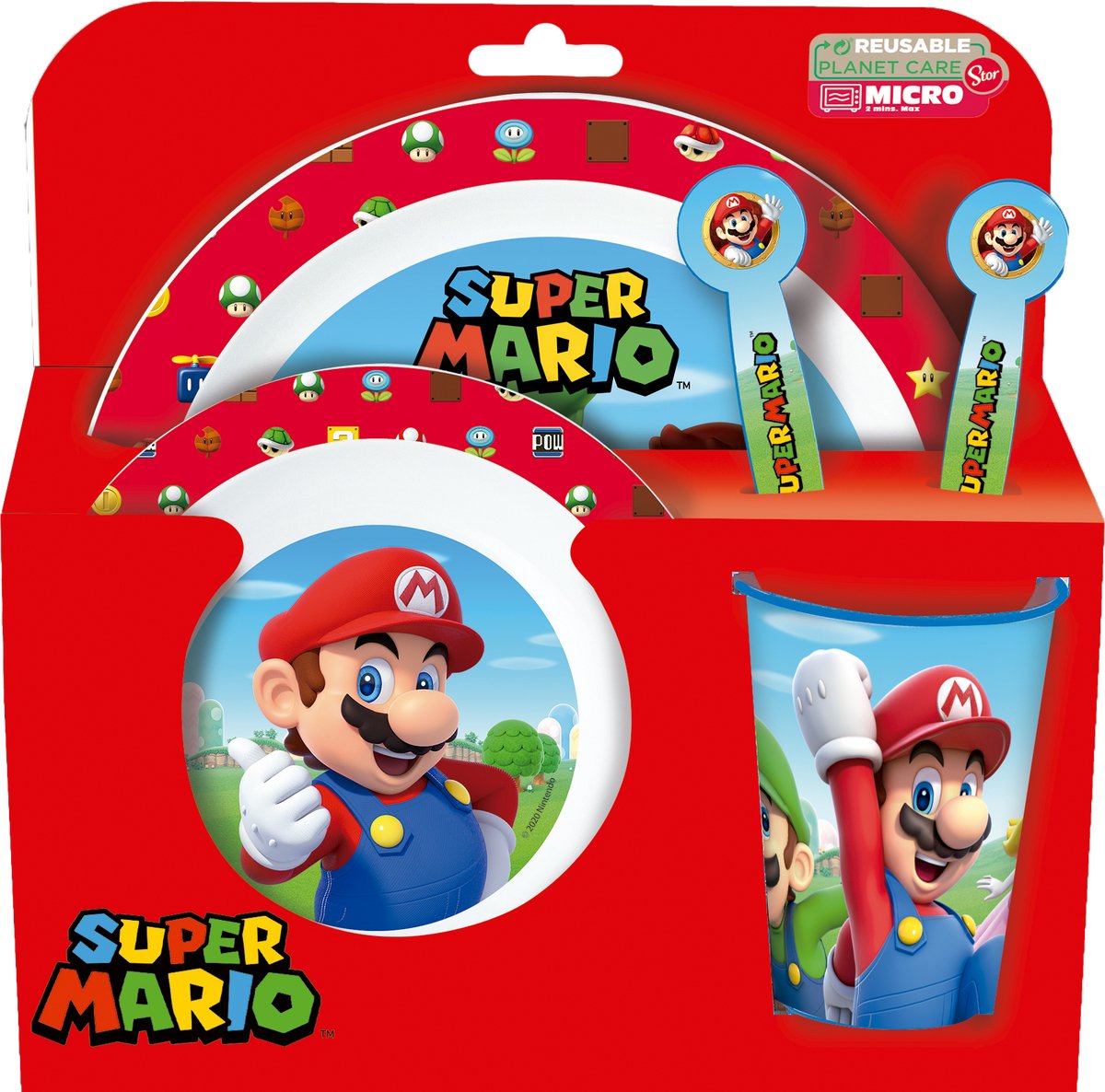 Vaisselle pour enfants Stor Nintendo's Super Mario - 5 pièces - réutilisable - comprenant assiette, bol, couverts et tasse - passe au lave-vaisselle et au micro-ondes sans BPA - blanc rouge