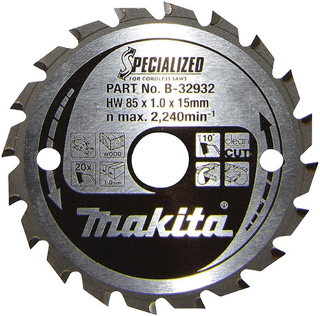 Lame de scie circulaire en carbure Makita Specialized B-32932 85 x 15 x 0,7 mm Nombre de dents : 20 1 pièce(s)