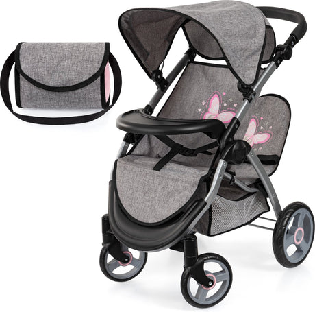Bayer design landau pour poupée jumeau twin xeo, landau pour poupée double, barre de poussée réglable, sac en jean gris, rose