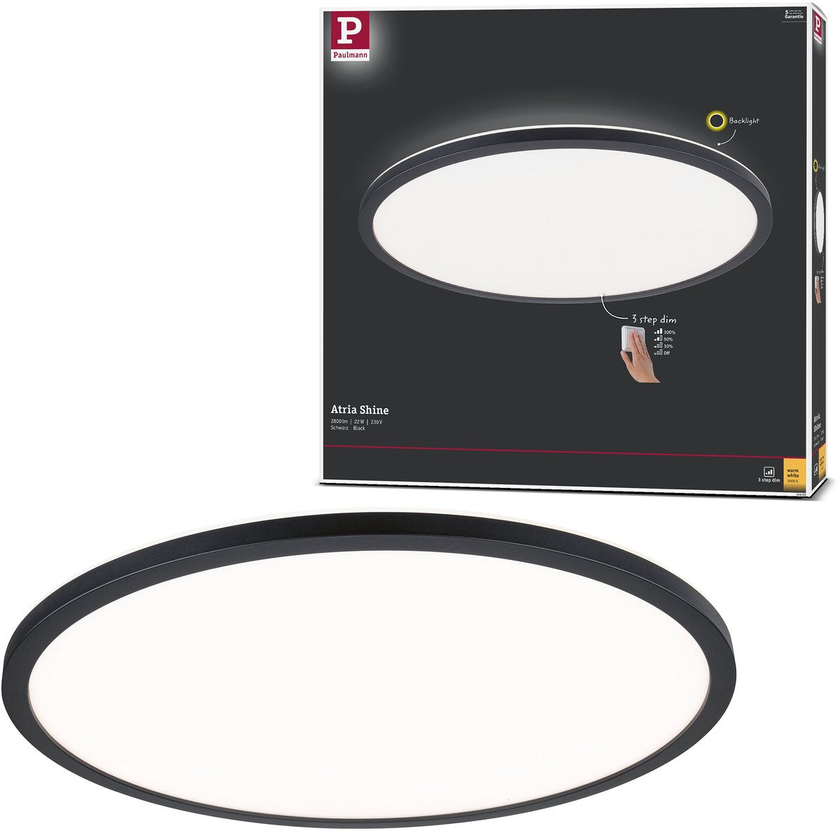 Paulmann panneau LED 3-step-dim atria Shine rétroéclairage rond 420 mm 22w 2300lm 3000k noir dimmable