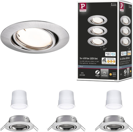 Paulmann LED recessed lamp smart home Zigbee 3.0 base coin base set swiveling round 90 mm 20° coin 3x4.9w 3x430lm 230v dimmable 3000k brushed steel