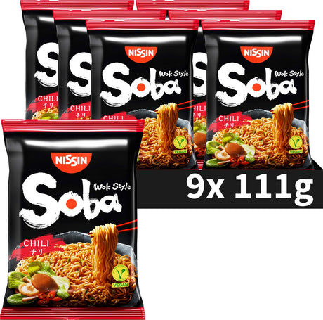 Nissin soba bag nouilles au chili - nouilles instantanées style wok - végétaliennes - 9 pièces