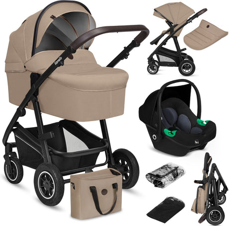Poussette Lionelo bianka 3 en 1 - nacelle + poussette + siège auto - gros pneumatiques, suspension complète - pliable - barre de poussée réglable - siège réversible buggy - 0-22kg - set d'accessoires - beige