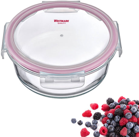 Récipient alimentaire en verre Westmark, rond, volume de remplissage : 950 ml, passe au micro-ondes et au four, verre silicone plastique, rouge transparent