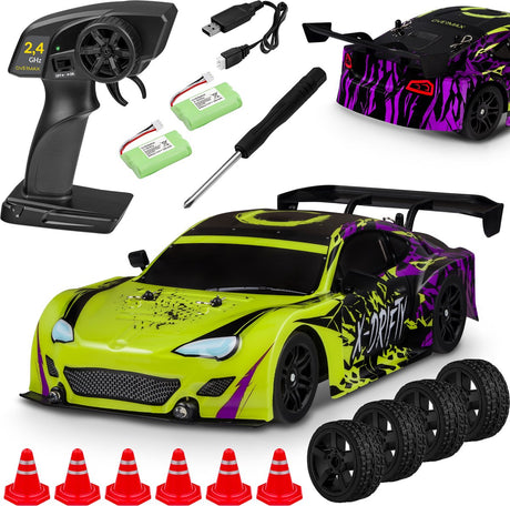 Overmax x-drifty - voiture radiocommandée 1:16 - 4x4 - 40 min de temps de jeu - 20 km h - lumières LED - 2 jeux de roues - course de dérive - autocollants d'obstacles - charge rapide - enfants à partir de 3 ans - voiture contrôlable