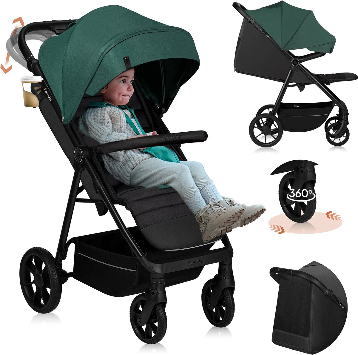 Lionelo mira - landau - poussette - pour enfants jusqu'à 22 kg - roues avant 360° - poignée de dossier réglable - auvent XXL étanche avec UPF50+ - harnais 5 points - grandes roues tout-terrain - absorption complète des chocs - pliable de manière compacte