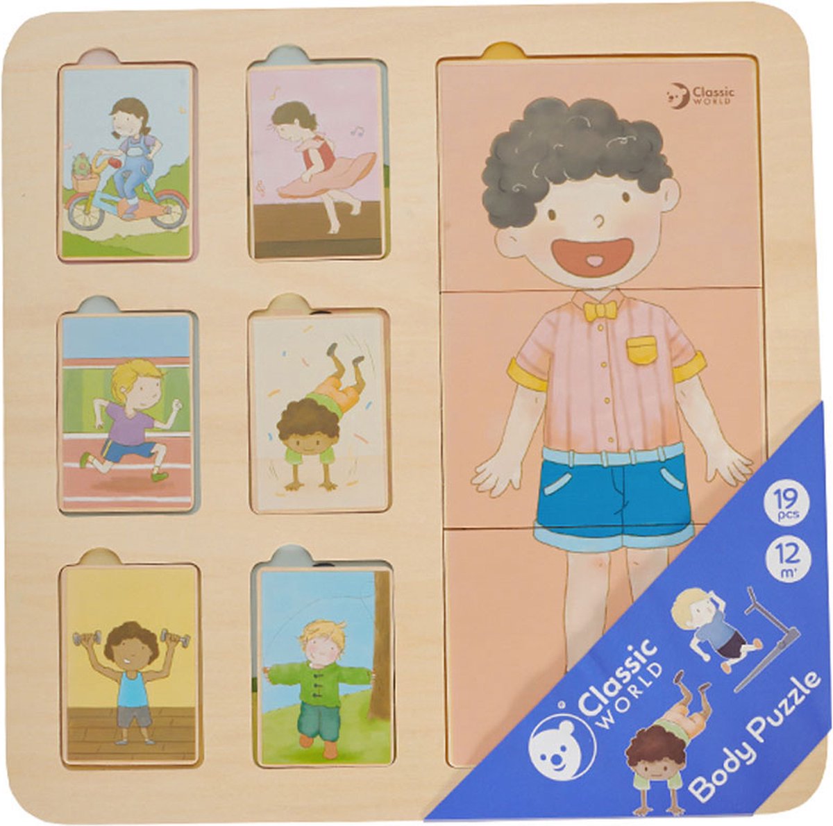 Corps de puzzle en bois du monde classique, 19 pièces.