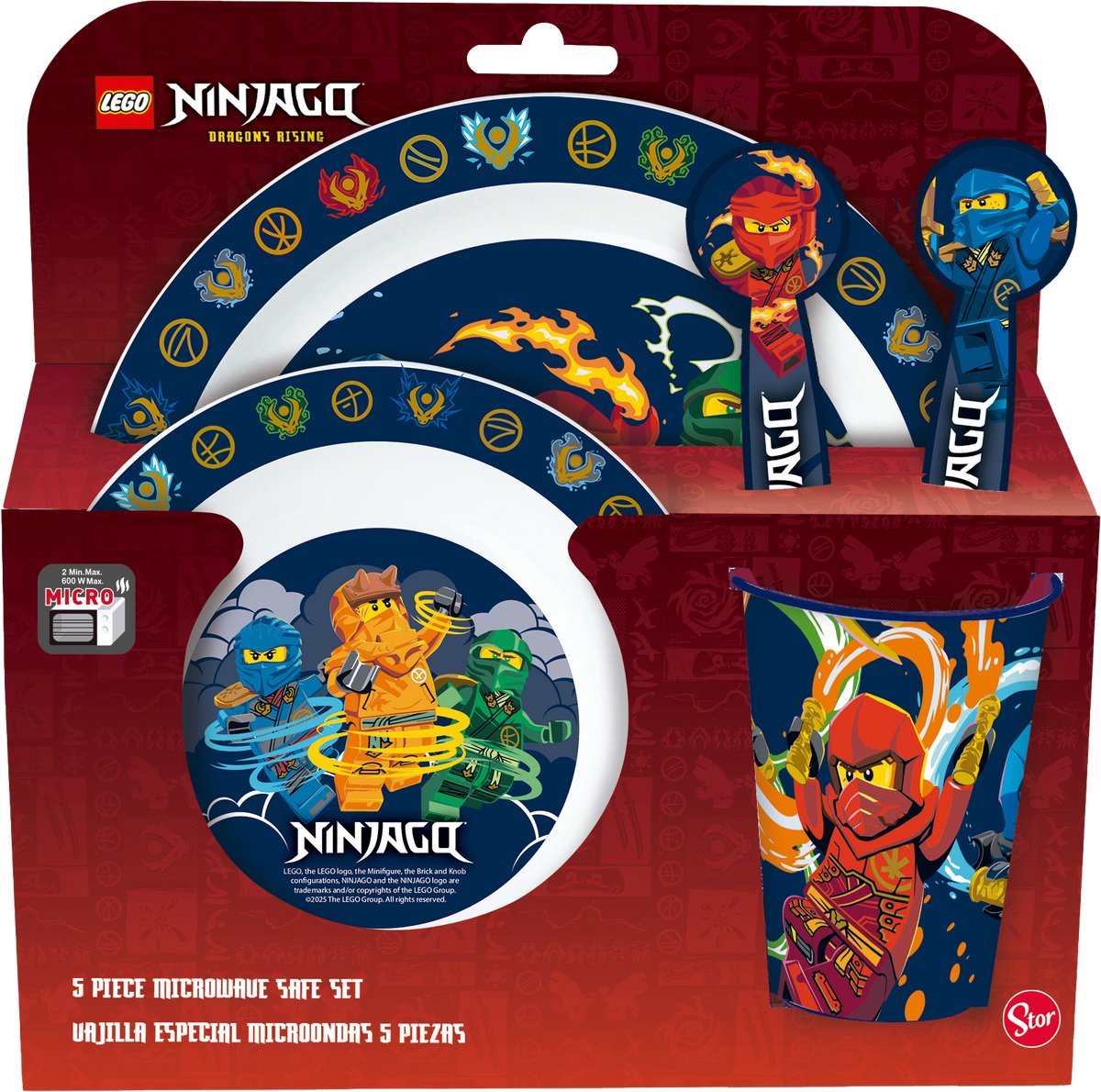Stor Vaisselle pour enfants Lego Ninjago - 5 pièces - réutilisable - comprenant assiette, bol, couverts et tasse - passe au lave-vaisselle et au micro-ondes sans BPA - blanc bleu foncé