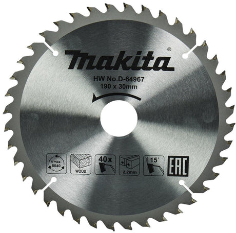 Accessoires Makita lame de scie circulaire bois | standard, 190x30x2,2 40t 15g - d-64967 - d-64967