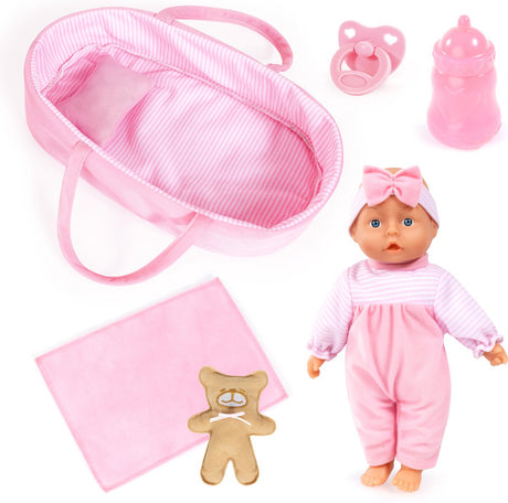 Poupée bébé design Bayer, corps souple, 28 cm, sac de transport pour poupée, couverture, oreiller, tétine, biberon, ours en peluche