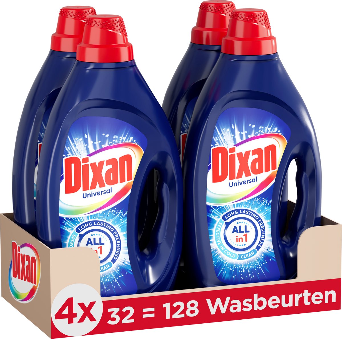 Dixan gel universel - lessive liquide - pour toutes les couleurs de linge - nettoyage fiable - 4 x 33 lavages - pack économique