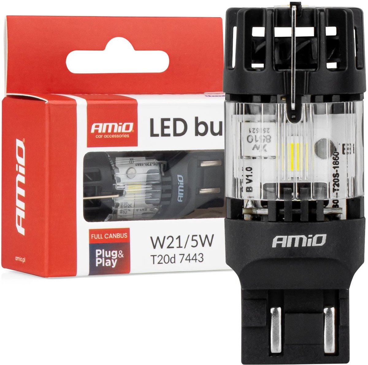 Lampe LED Amio Lumitec T20D 7443 W21 5W 12V Full Canbus – remplacement LED double filament blanc (1 pièce)