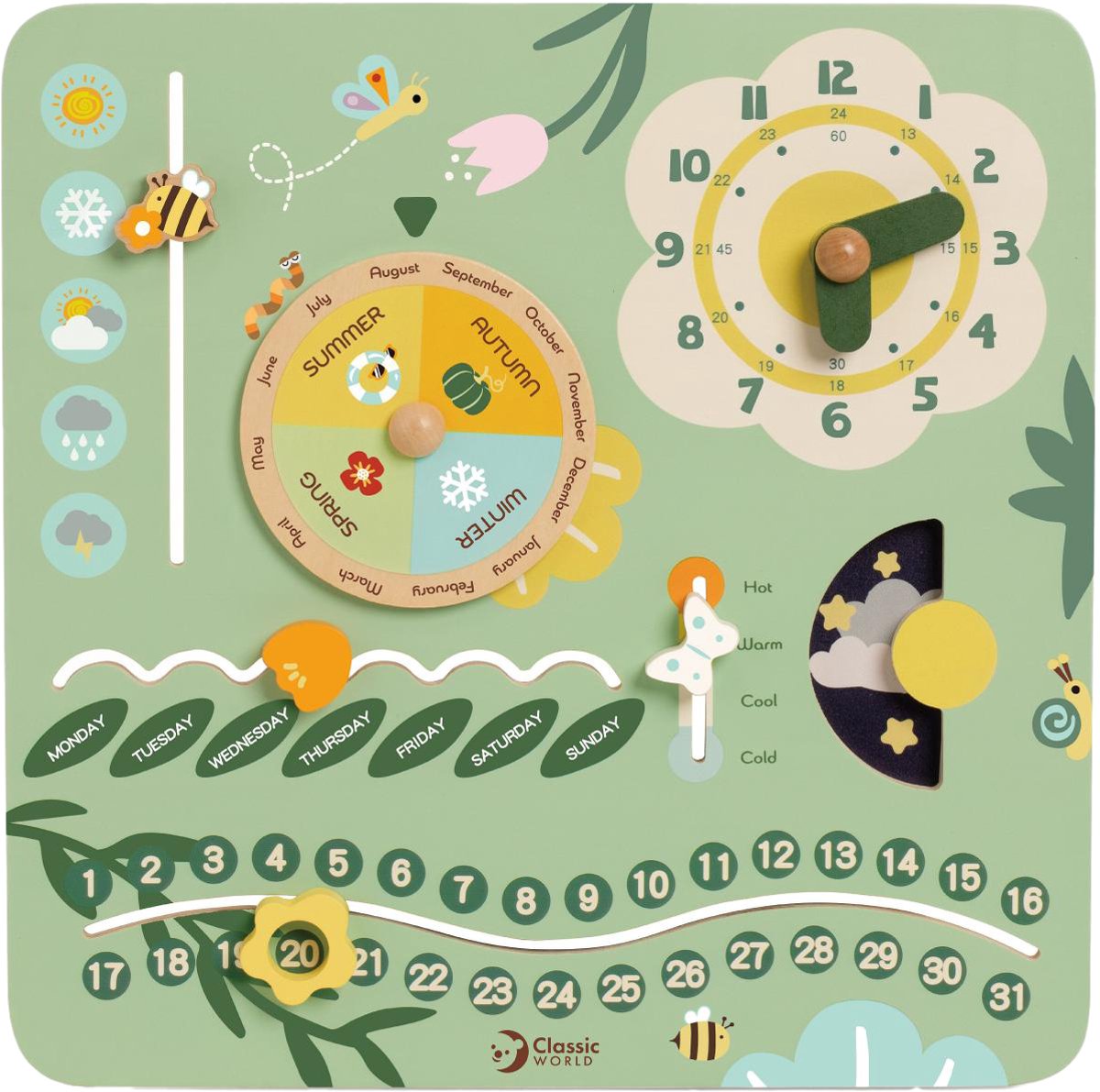 Horloge d'apprentissage de calendrier vintage en bois du monde classique