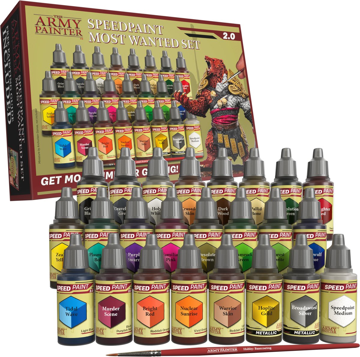 The Army Painter Speedpaint Most Wanted Set 2.0 - Kit de peinture acrylique enrichi de 24 bouteilles de spectre de couleurs de 18 ml du kit de démarrage Speedpaint - comprenant 1 pinceau de base pour peinture de modèle miniature