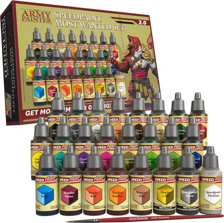 The Army Painter Speedpaint Most Wanted Set 2.0 - Kit de peinture acrylique enrichi de 24 bouteilles de spectre de couleurs de 18 ml du kit de démarrage Speedpaint - comprenant 1 pinceau de base pour peinture de modèle miniature