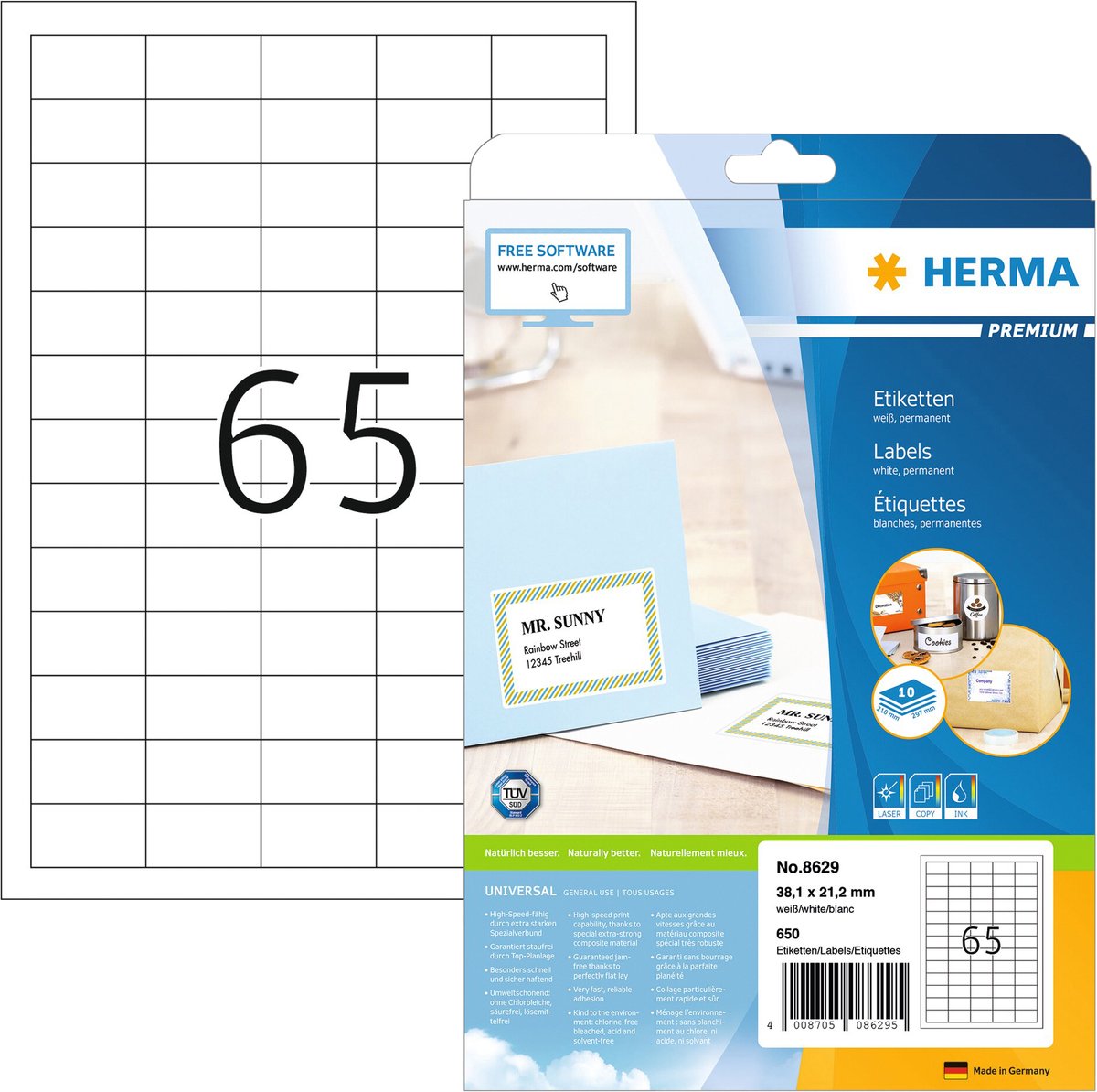 Étiquettes premium herma 8629 sans marque sans marque 38,1x21,2 mm, 10 feuilles
