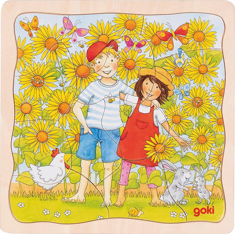 Puzzle Goki - champ de tournesols - 35 pièces - 3 couches - 20x20x1,1cm - bois - 3+