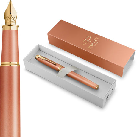 Parker j’écris un stylo plume de rituels | finition orange rafraîchissante avec dégradé de couleurs et détails dorés | plume moyenne | encre bleue | emballage cadeau