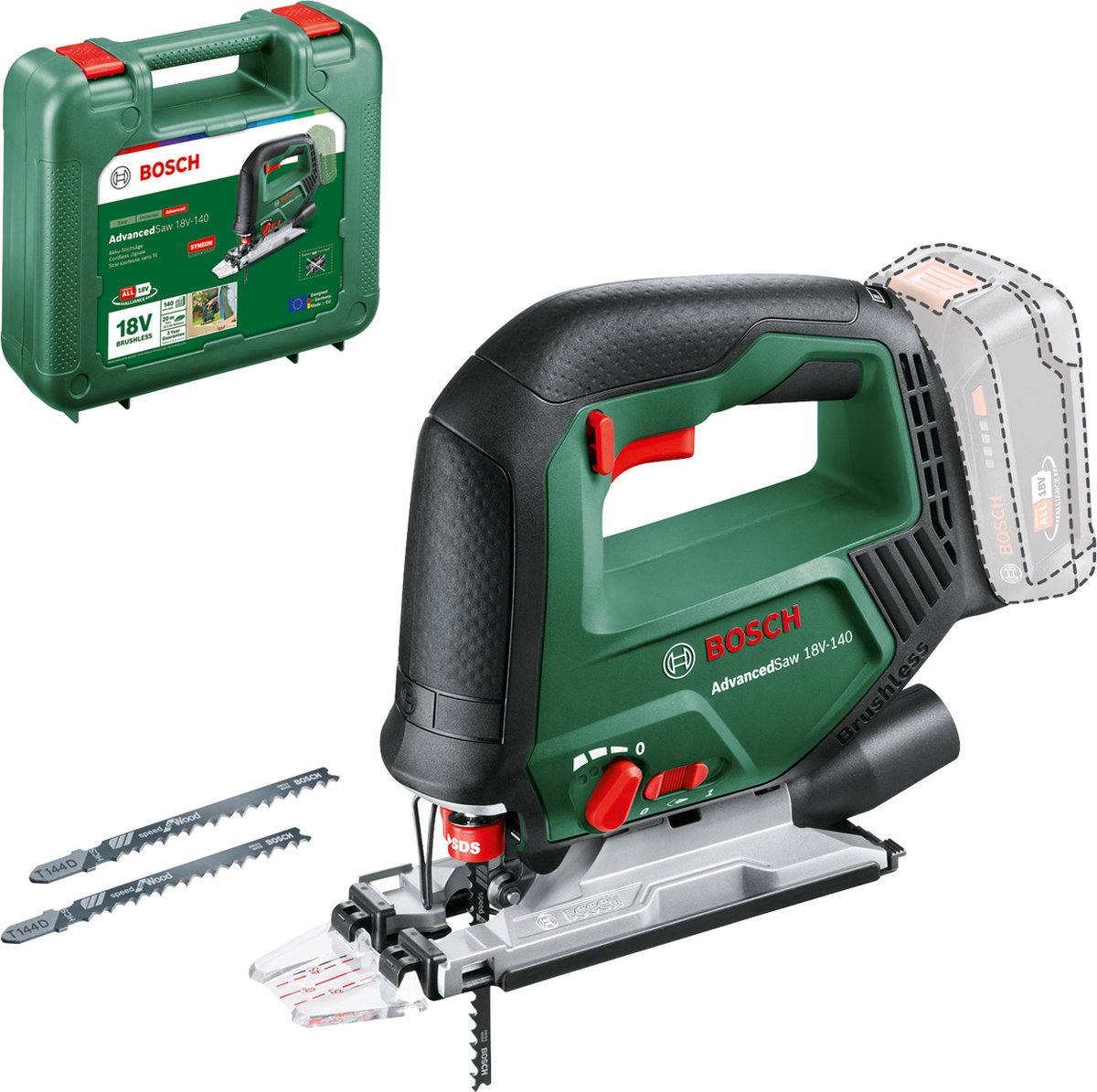 Bosch advancedsaw 18v-140 - scie sauteuse sans fil - comprenant 3x lames de scie (t144d) - contrôle de coupe - sabot de protection - cache-poussière, plaque anti-éclats