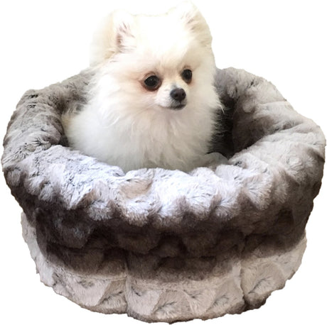 Lit rond de luxe pour chien et chat en bois de rose - gris crème - 40 cm - lit pour animaux de compagnie en peluche douce - antidérapant lavable