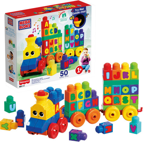 Train musical ABC Mega Blocks - Blocs de construction éducatifs pour 1 à 5 ans - 50 blocs