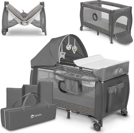 Lit de camping évolutif Lionelo sven plus 2en1 - 127x60 cm - jusqu'à 15 kg - cododo - lit de voyage avec table à langer, organiseur, moustiquaire et jouets interactifs
