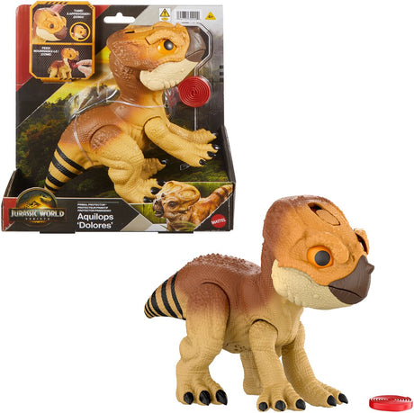 Mattel Jurassic World Rebirth Guardian Animal Aquilops 'Dolores', jouet dinosaure interactif avec action d'attaque et sons, figurine électronique de style ami animal, avec accessoire alimentaire