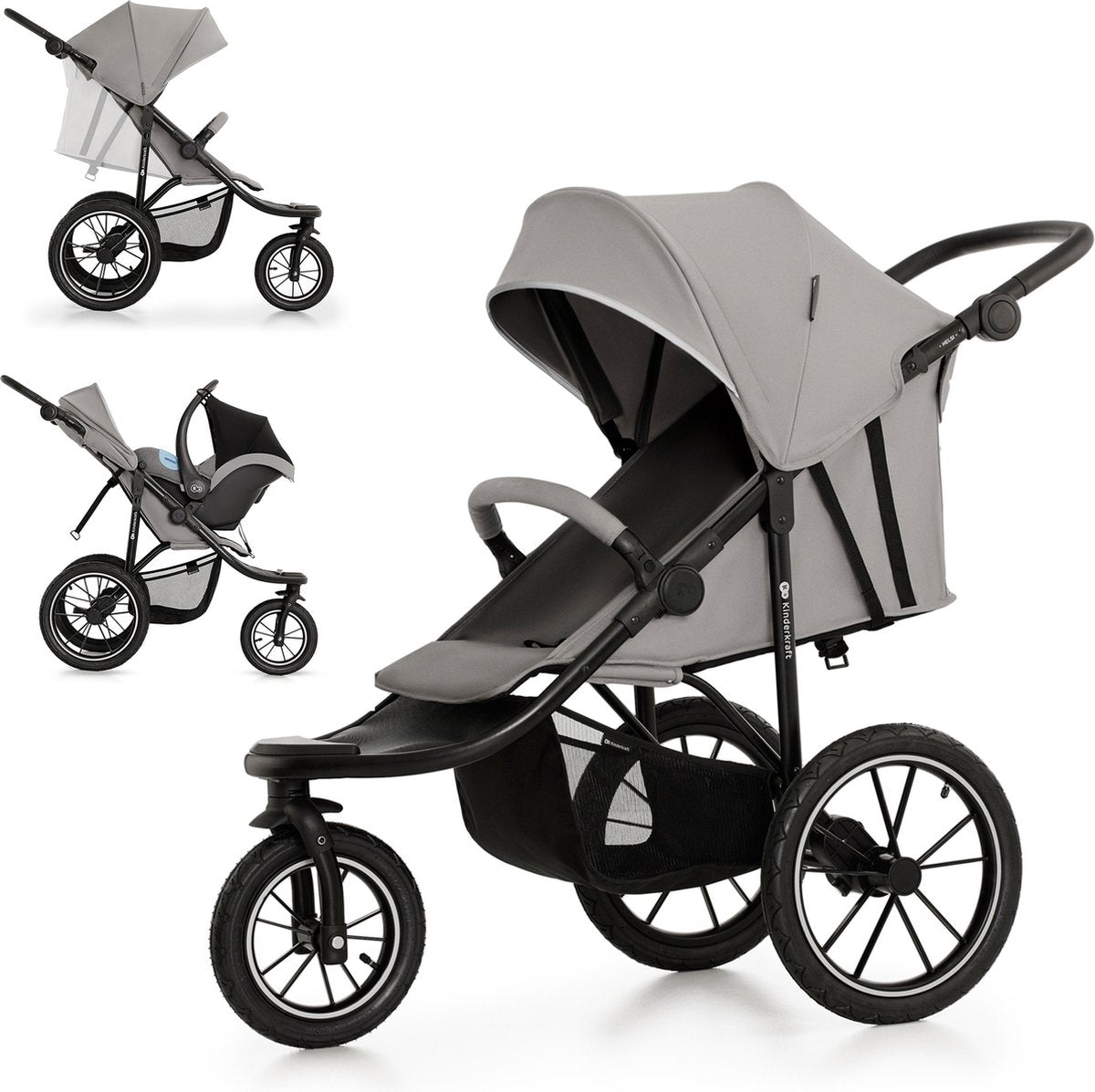 Poussette tout terrain Kinderkraft helsi 2 – jusqu'à 27 kg – 3 grandes roues gonflables – compatible système de débattement de suspension – grise