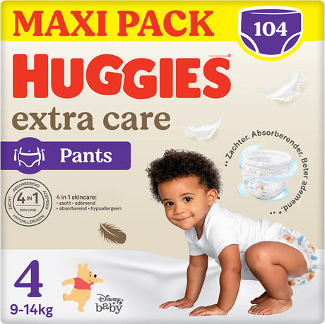 Couches-culottes pour bébé Huggies ® extra care, taille 4 (9 à 14 kg), 104 couches avec ceinture élastique douce et motifs Disney, maxi pack